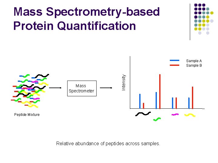 Mass Spectrometry-based Protein Quantification Mass Spectrometer Intensity Sample A Sample B Peptide Mixture Relative