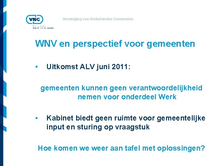 Vereniging van Nederlandse Gemeenten WNV en perspectief voor gemeenten • Uitkomst ALV juni 2011: