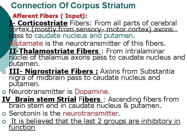 Connection Of Corpus Striatum ¡ Afferent Fibers ( Input): I- Corticostriate Fibers: From all