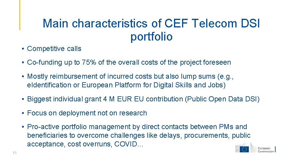 Main characteristics of CEF Telecom DSI portfolio • Competitive calls • Co-funding up to