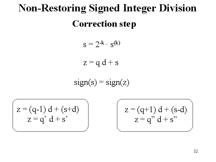 Non-Restoring Signed Integer Division Correction step s = 2 -k · s(k) z=qd+s sign(s)