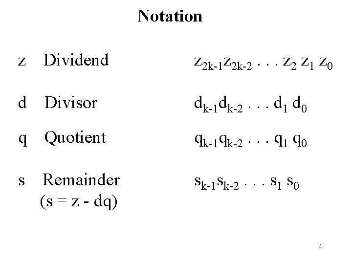 Notation z Dividend z 2 k-1 z 2 k-2. . . z 2 z