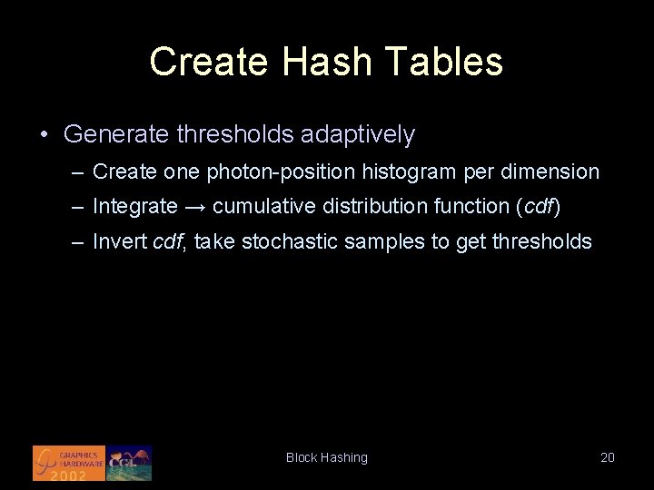 Create Hash Tables • Generate thresholds adaptively – Create one photon-position histogram per dimension
