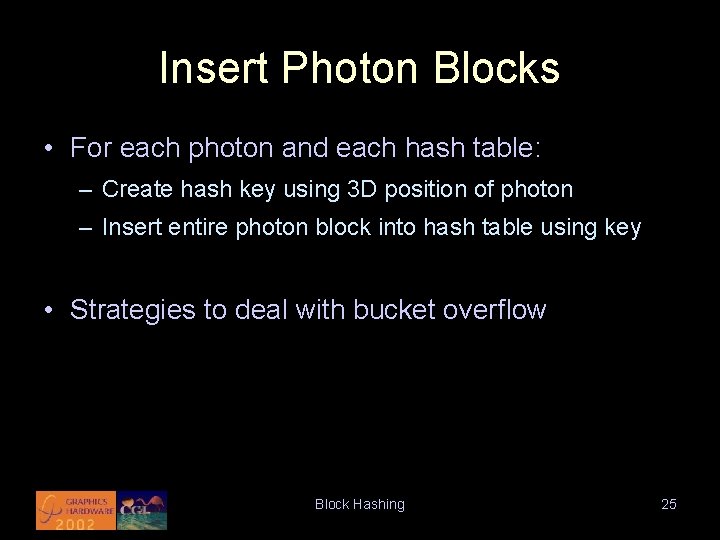 Insert Photon Blocks • For each photon and each hash table: – Create hash