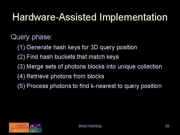 Hardware-Assisted Implementation Query phase: (1) Generate hash keys for 3 D query position (2)