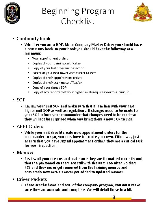 Beginning Program Checklist • Continuity book • Whether you are a BDE, BN or