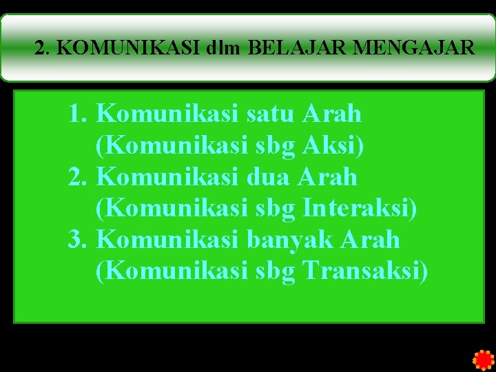 2. KOMUNIKASI dlm BELAJAR MENGAJAR 1. Komunikasi satu Arah (Komunikasi sbg Aksi) 2. Komunikasi