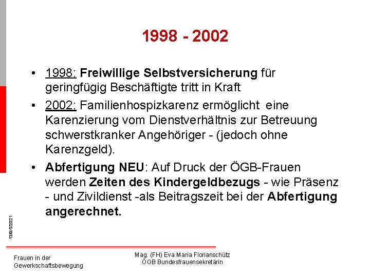 13/9/5/2021 1998 - 2002 • 1998: Freiwillige Selbstversicherung für geringfügig Beschäftigte tritt in Kraft