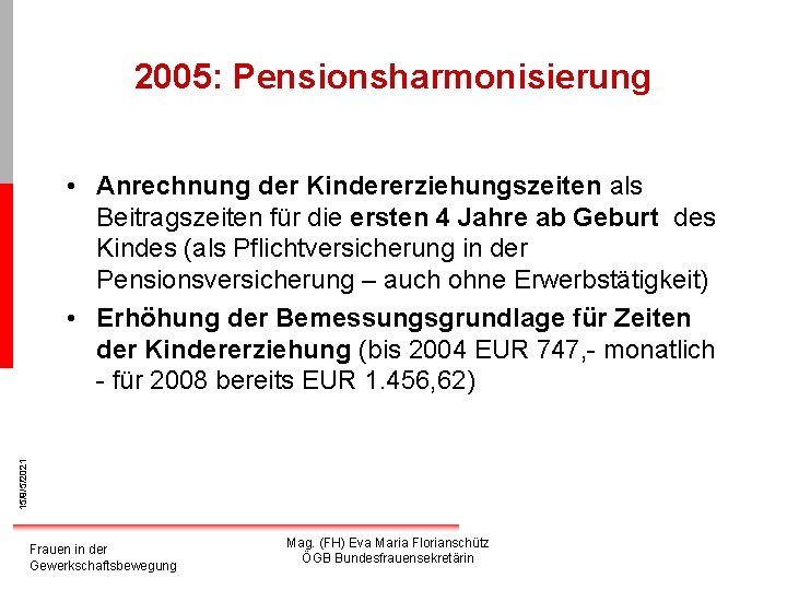 2005: Pensionsharmonisierung 15/9/5/2021 • Anrechnung der Kindererziehungszeiten als Beitragszeiten für die ersten 4 Jahre