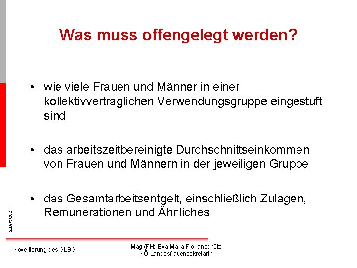 Was muss offengelegt werden? • wie viele Frauen und Männer in einer kollektivvertraglichen Verwendungsgruppe