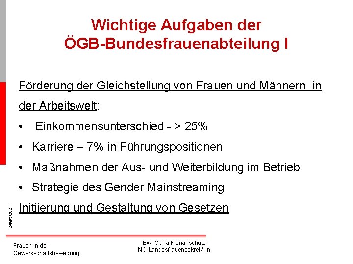 Wichtige Aufgaben der ÖGB-Bundesfrauenabteilung I Förderung der Gleichstellung von Frauen und Männern in der