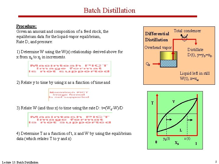 Batch Distillation Procedure: Given an amount and composition of a feed stock, the equilibrium