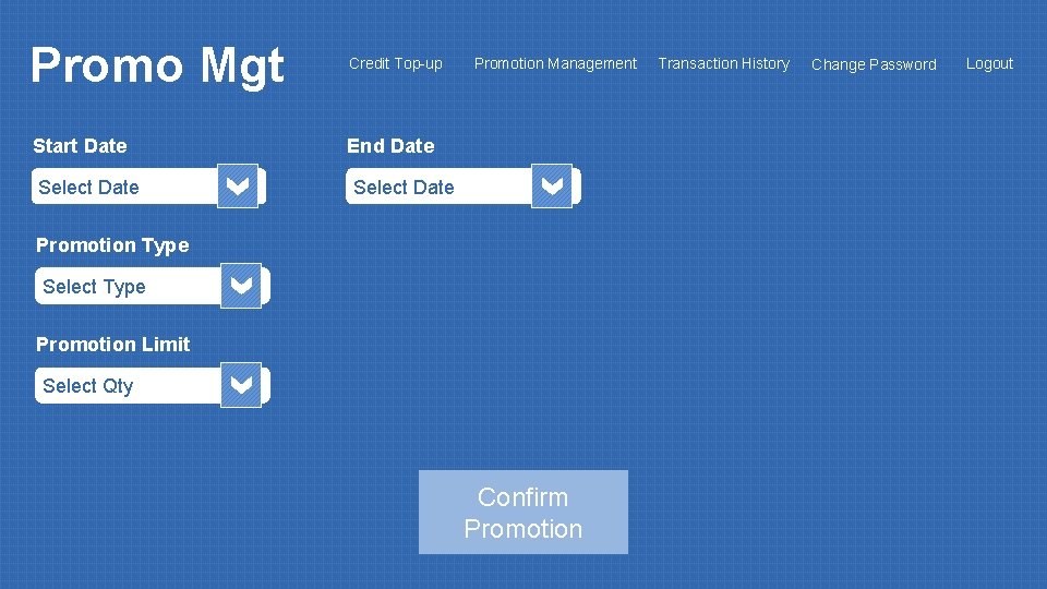 Promo Mgt Credit Top-up Start Date End Date Select Date Promotion Management Select Date