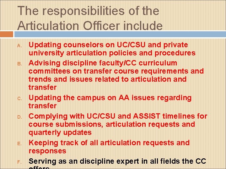 The responsibilities of the Articulation Officer include A. B. C. D. E. F. Updating