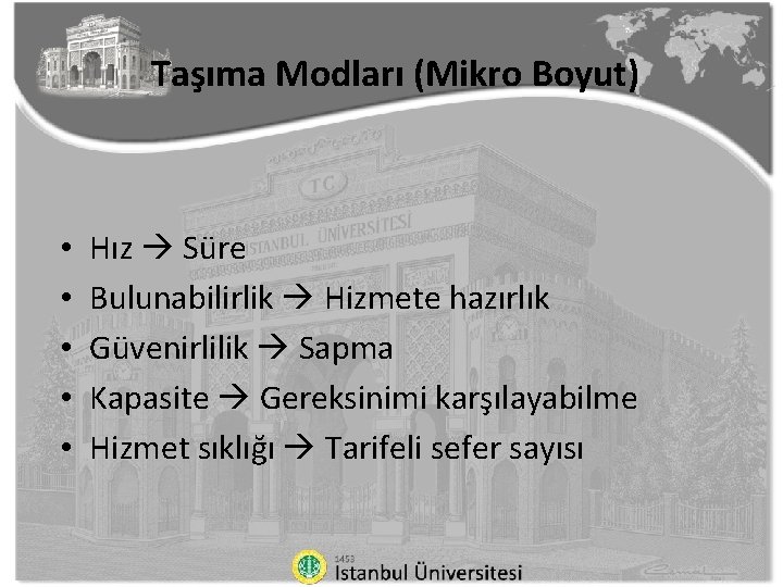 Taşıma Modları (Mikro Boyut) • • • Hız Süre Bulunabilirlik Hizmete hazırlık Güvenirlilik Sapma