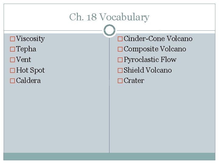Ch. 18 Vocabulary � Viscosity � Cinder-Cone Volcano � Tepha � Composite Volcano �