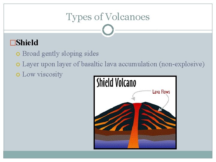 Types of Volcanoes �Shield Broad gently sloping sides Layer upon layer of basaltic lava