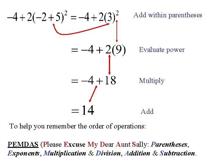 Add within parentheses Evaluate power Multiply Add To help you remember the order of