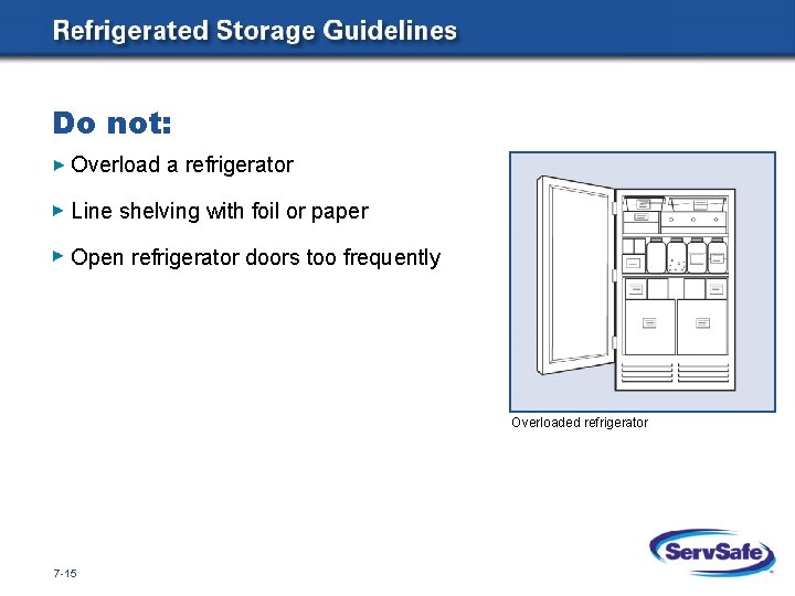 Do not: Overload a refrigerator Line shelving with foil or paper Open refrigerator doors