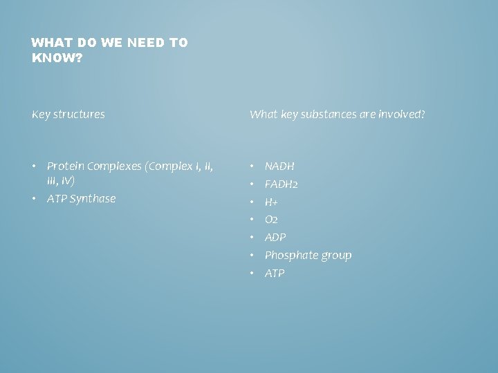 WHAT DO WE NEED TO KNOW? Key structures What key substances are involved? •
