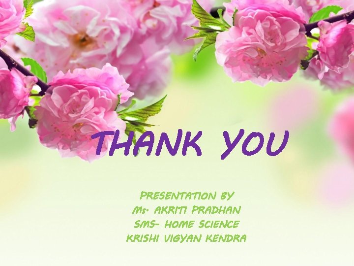 THANK YOU PRESENTATION BY Ms. AKRITI PRADHAN SMS- HOME SCIENCE KRISHI VIGYAN KENDRA 