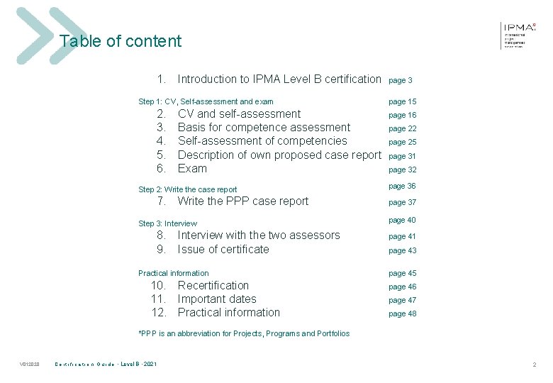 Table of content 1. Introduction to IPMA Level B certification Step 1: CV, Self-assessment