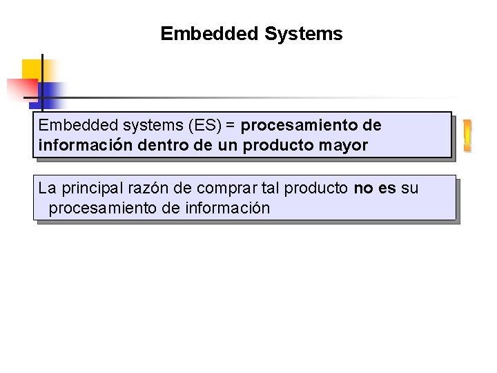 Embedded Systems Embedded systems (ES) = procesamiento de información dentro de un producto mayor