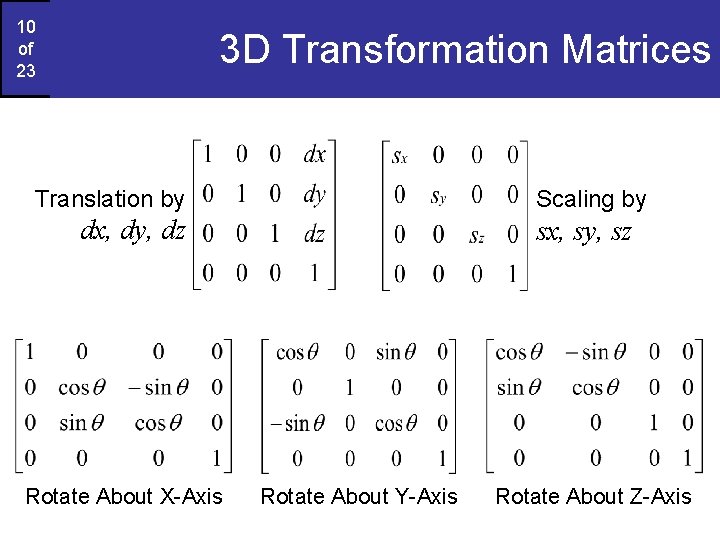 10 of 23 3 D Transformation Matrices Translation by Scaling by dx, dy, dz