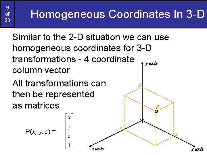 9 of 23 Homogeneous Coordinates In 3 -D Similar to the 2 -D situation