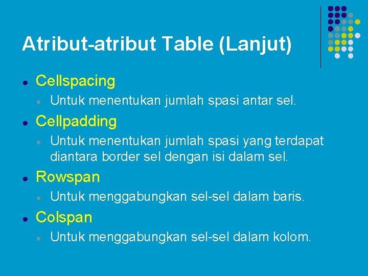 Atribut-atribut Table (Lanjut) ● Cellspacing ● ● Cellpadding ● ● Untuk menentukan jumlah spasi