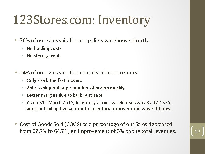 123 Stores. com: Inventory • 76% of our sales ship from suppliers warehouse directly;