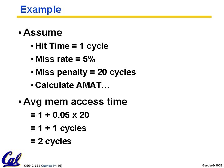 Example • Assume • Hit Time = 1 cycle • Miss rate = 5%