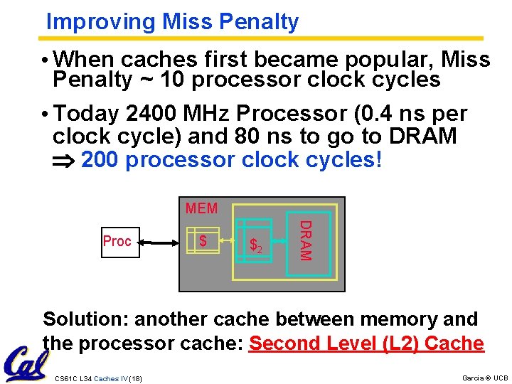 Improving Miss Penalty • When caches first became popular, Miss Penalty ~ 10 processor