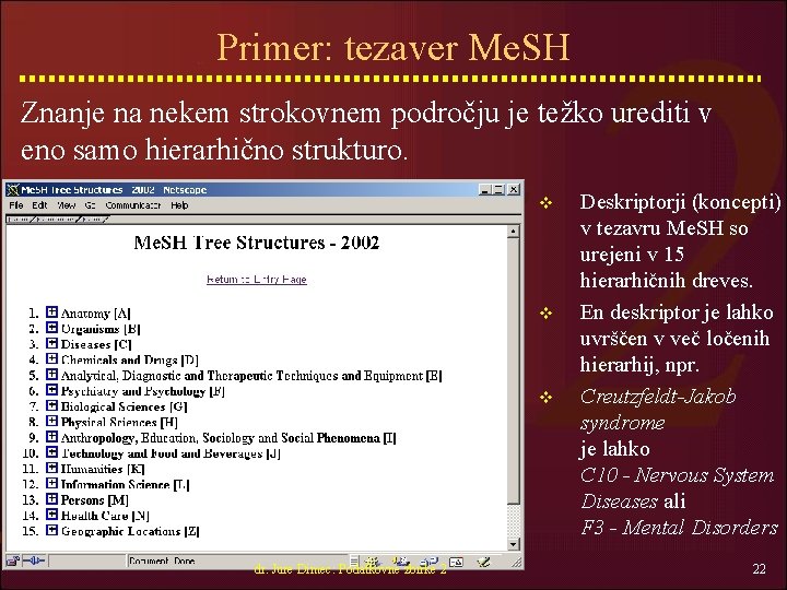 Primer: tezaver Me. SH Znanje na nekem strokovnem področju je težko urediti v eno