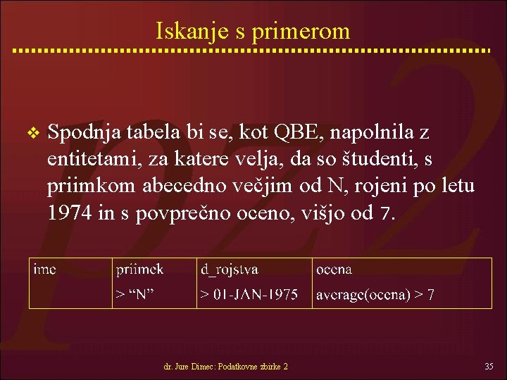 Iskanje s primerom v Spodnja tabela bi se, kot QBE, napolnila z entitetami, za