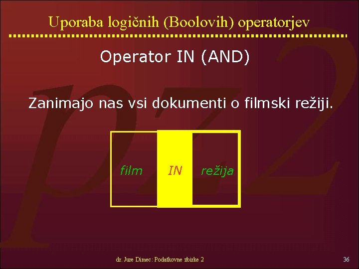 Uporaba logičnih (Boolovih) operatorjev Operator IN (AND) Zanimajo nas vsi dokumenti o filmski režiji.