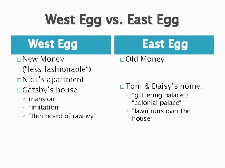 West Egg vs. East Egg West Egg � New Money (“less fashionable”) � Nick’s