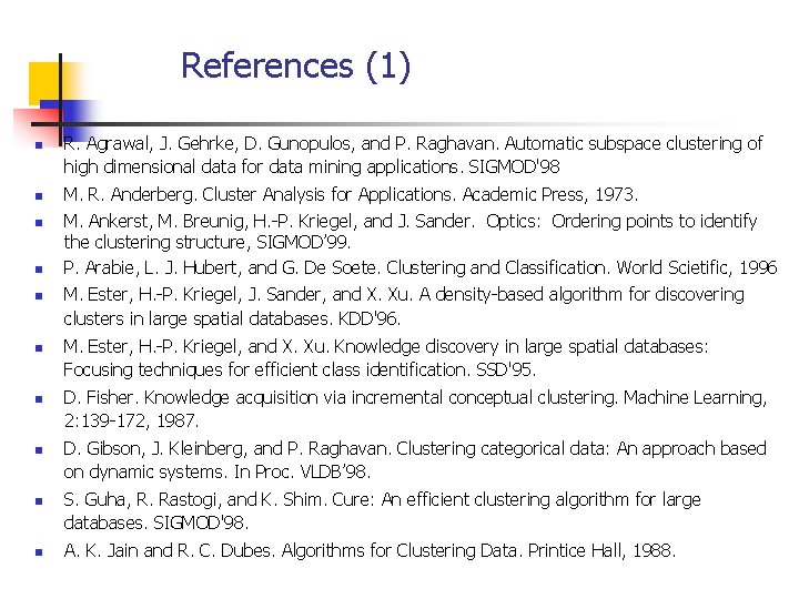 References (1) n n n n n R. Agrawal, J. Gehrke, D. Gunopulos, and