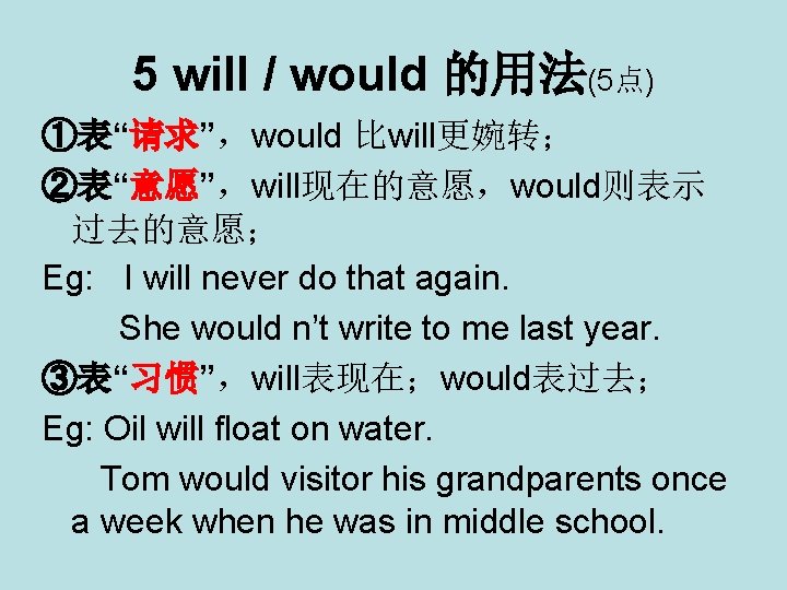 5 will / would 的用法(5点) ①表“请求”，would 比will更婉转； ②表“意愿”，will现在的意愿，would则表示 过去的意愿； Eg: I will never do