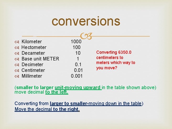conversions Kilometer Hectometer Decameter Base unit METER Decimeter Centimeter Millimeter 1000 10 1 conversions Kilometer Hectometer Decameter Base unit METER Decimeter Centimeter Millimeter 1000 10 1