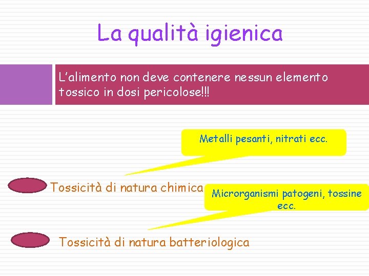 La qualità igienica L’alimento non deve contenere nessun elemento tossico in dosi pericolose!!! Metalli