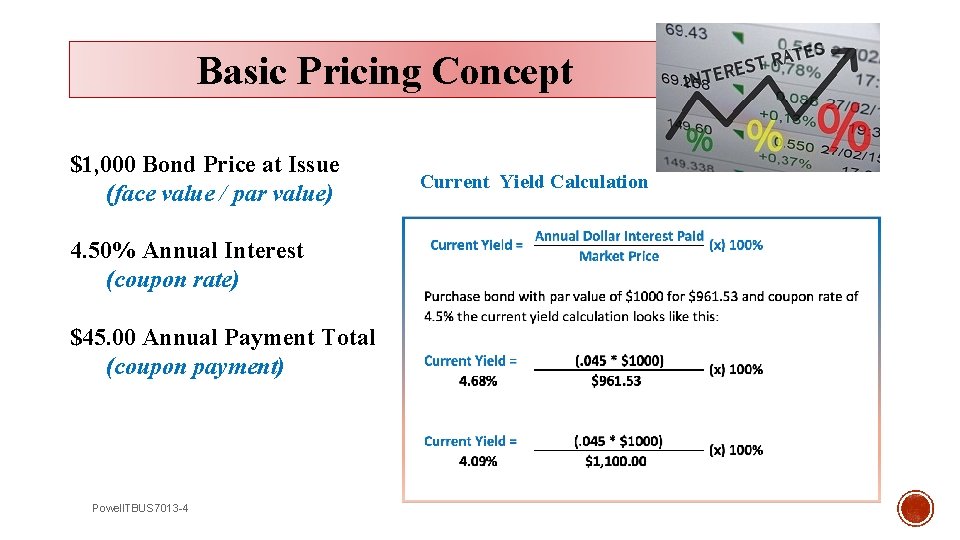 Basic Pricing Concept $1, 000 Bond Price at Issue (face value / par value)