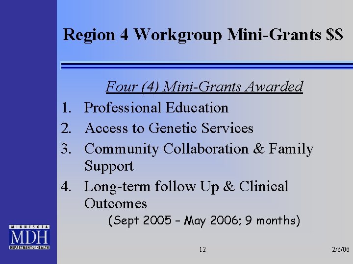 Region 4 Workgroup Mini-Grants $$ 1. 2. 3. 4. Four (4) Mini-Grants Awarded Professional