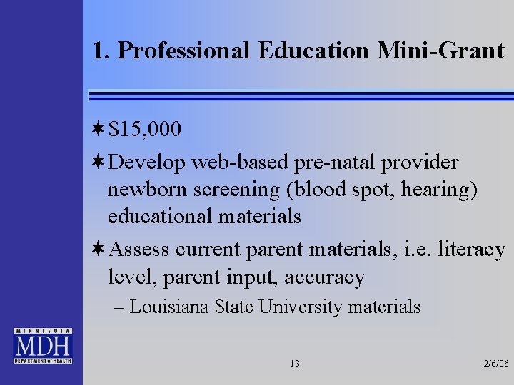 1. Professional Education Mini-Grant ¬$15, 000 ¬Develop web-based pre-natal provider newborn screening (blood spot,