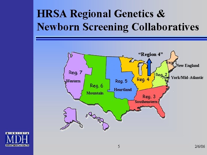 HRSA Regional Genetics & Newborn Screening Collaboratives “Region 4” New England New York/Mid-Atlantic Western
