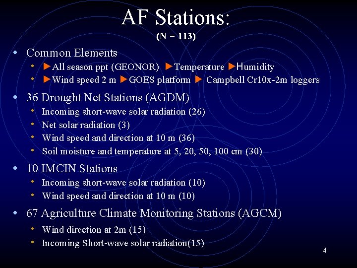 AF Stations: (N = 113) • Common Elements • ►All season ppt (GEONOR) ►Temperature