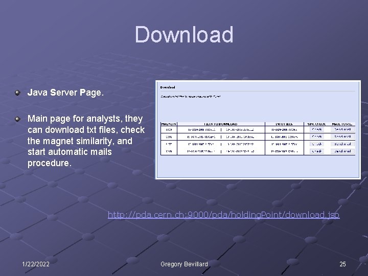 Download Java Server Page. Main page for analysts, they can download txt files, check