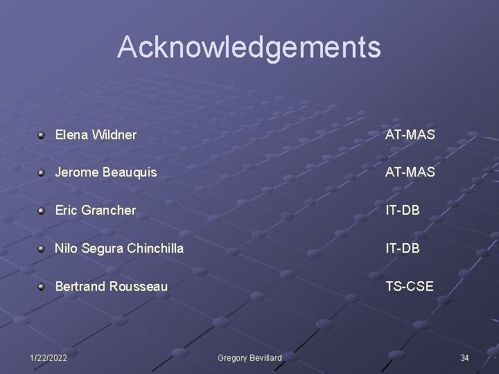 Acknowledgements Elena Wildner AT-MAS Jerome Beauquis AT-MAS Eric Grancher IT-DB Nilo Segura Chinchilla IT-DB