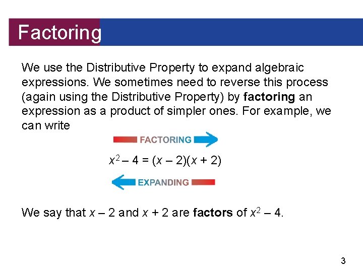 Factoring We use the Distributive Property to expand algebraic expressions. We sometimes need to