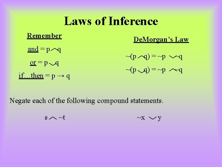 Laws of Inference Remember and = p or = p q q if…then =